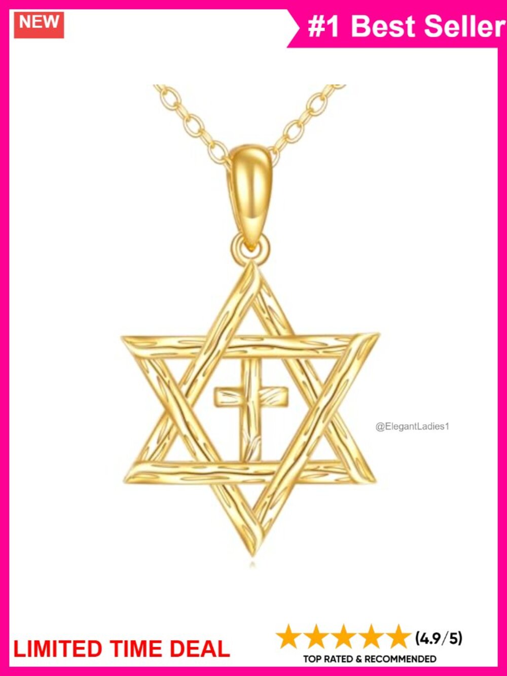14K Solid Gold Star of David Cross Pendant Necklace Rolo Chain